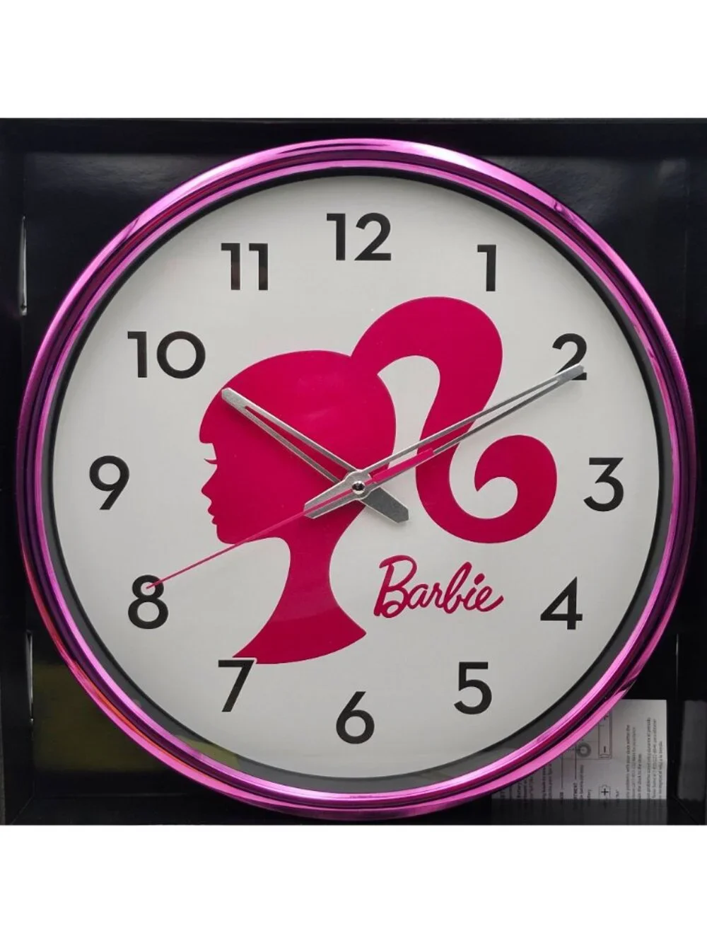 Barbie Pink Silhouette Script Chrome 12 Inch Round Wall Clock Mattel New In Box